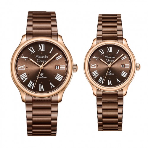 Alexandre Christie AC 1042 Rosegold Brown Steel Couple
